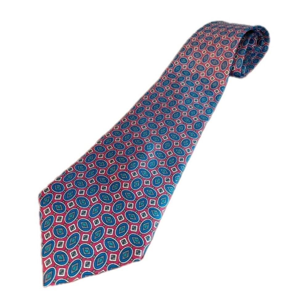 Saville Row Art Deco Silk Tie Geometric Blue Gray Made in USA 56"L 4"W 1980s